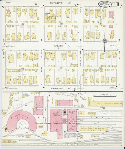 Sanborn Fire Insurance Map from Mattoon, Coles County, Illinois (1909), Sheet #0008 - Historic Sanborn Fire Insurance Map Print, vintage old map wall art, antique decor, genealogy gift, Illinois Illinois map