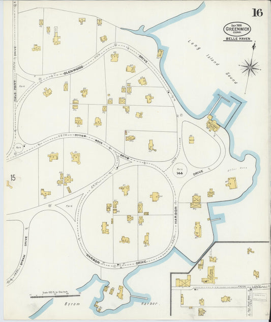 Sanborn Fire Insurance Map from Greenwich, Fairfield County, Connecticut (1906), Sheet #0016 - Historic Sanborn Fire Insurance Map Print, vintage old map wall art, antique decor, genealogy gift, Connecticut Connecticut map