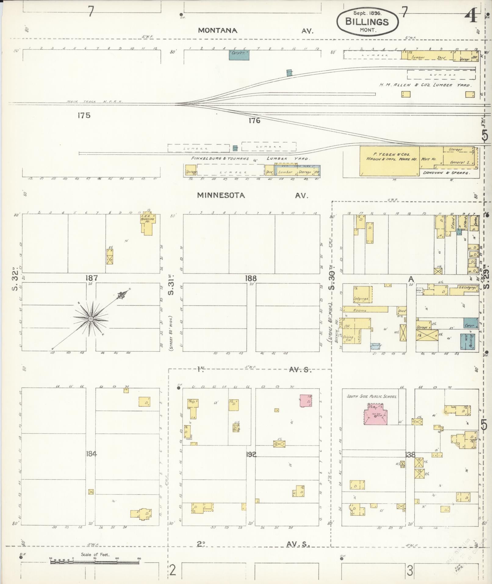 Sanborn Fire Insurance Map from Billings, Yellowstone County, Montana (1896), Sheet #0004 - Historic Sanborn Fire Insurance Map Print, vintage old map wall art, antique decor, genealogy gift, Montana Montana map