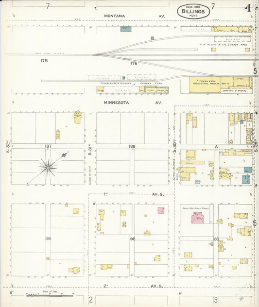 Sanborn Fire Insurance Map from Billings, Yellowstone County, Montana (1896), Sheet #0004 - Historic Sanborn Fire Insurance Map Print, vintage old map wall art, antique decor, genealogy gift, Montana Montana map