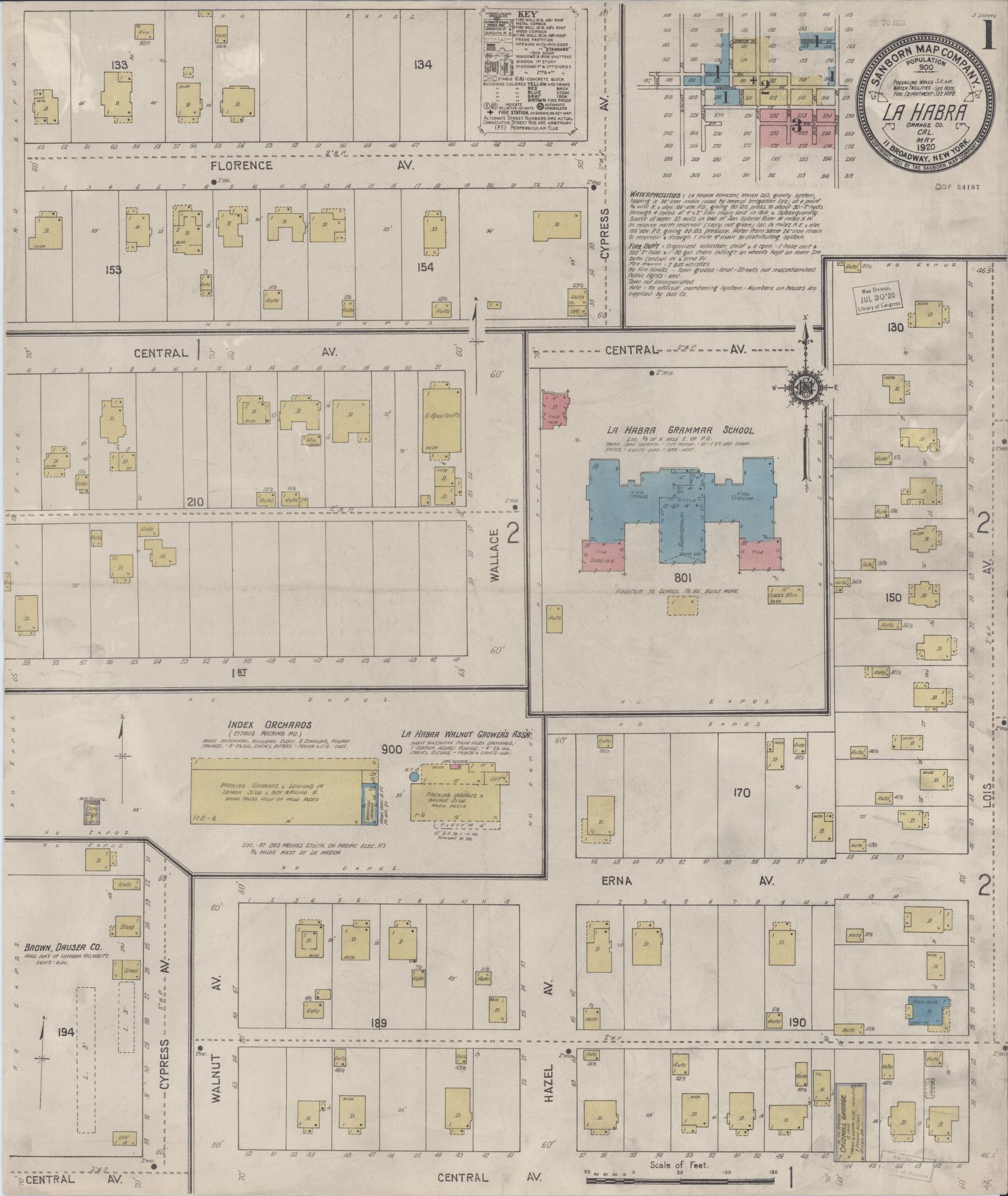 Sanborn Fire Insurance Map from La Habra, Orange County, California (1920), Sheet #0001 - Historic Sanborn Fire Insurance Map Print, vintage old map wall art, antique decor, genealogy gift, California California map