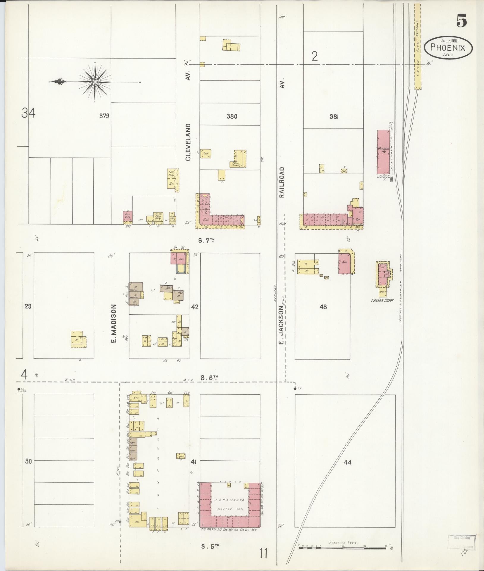 Sanborn Fire Insurance Map from Phoenix, Maricopa County, Arizona (1901), Sheet #0005 - Complete Map Set gallery image, historic Sanborn map, vintage wall art, Arizona Arizona