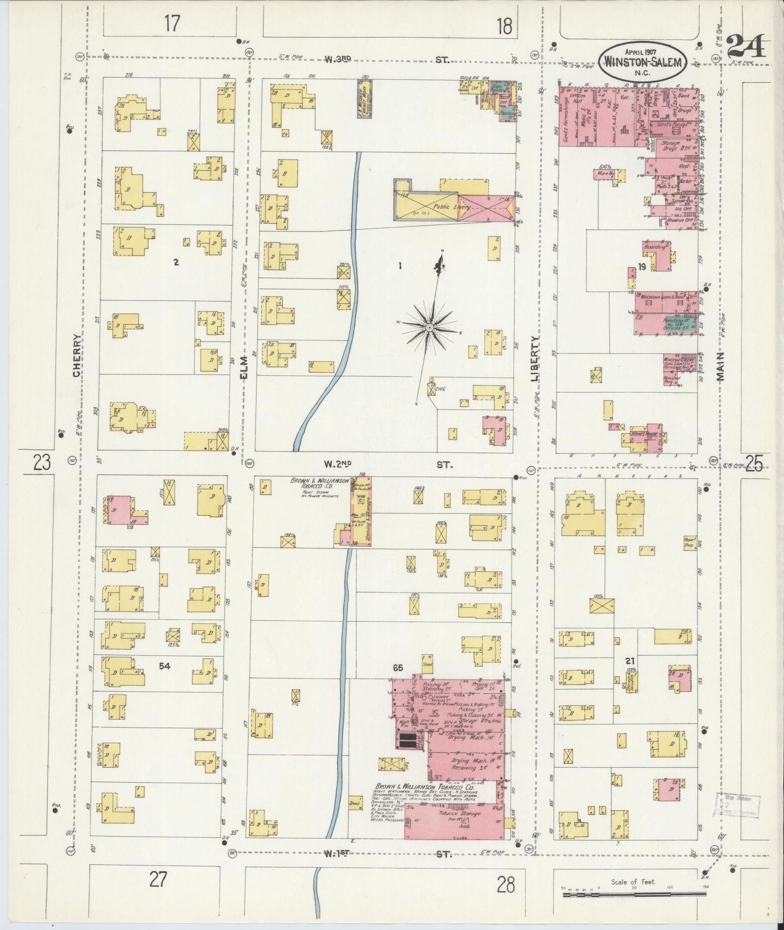 Sanborn Fire Insurance Map from Winston-Salem, Forsyth County, North Carolina (1907), Sheet #0024 - Complete Map Set gallery image, historic Sanborn map, vintage wall art, North Carolina North Carolina