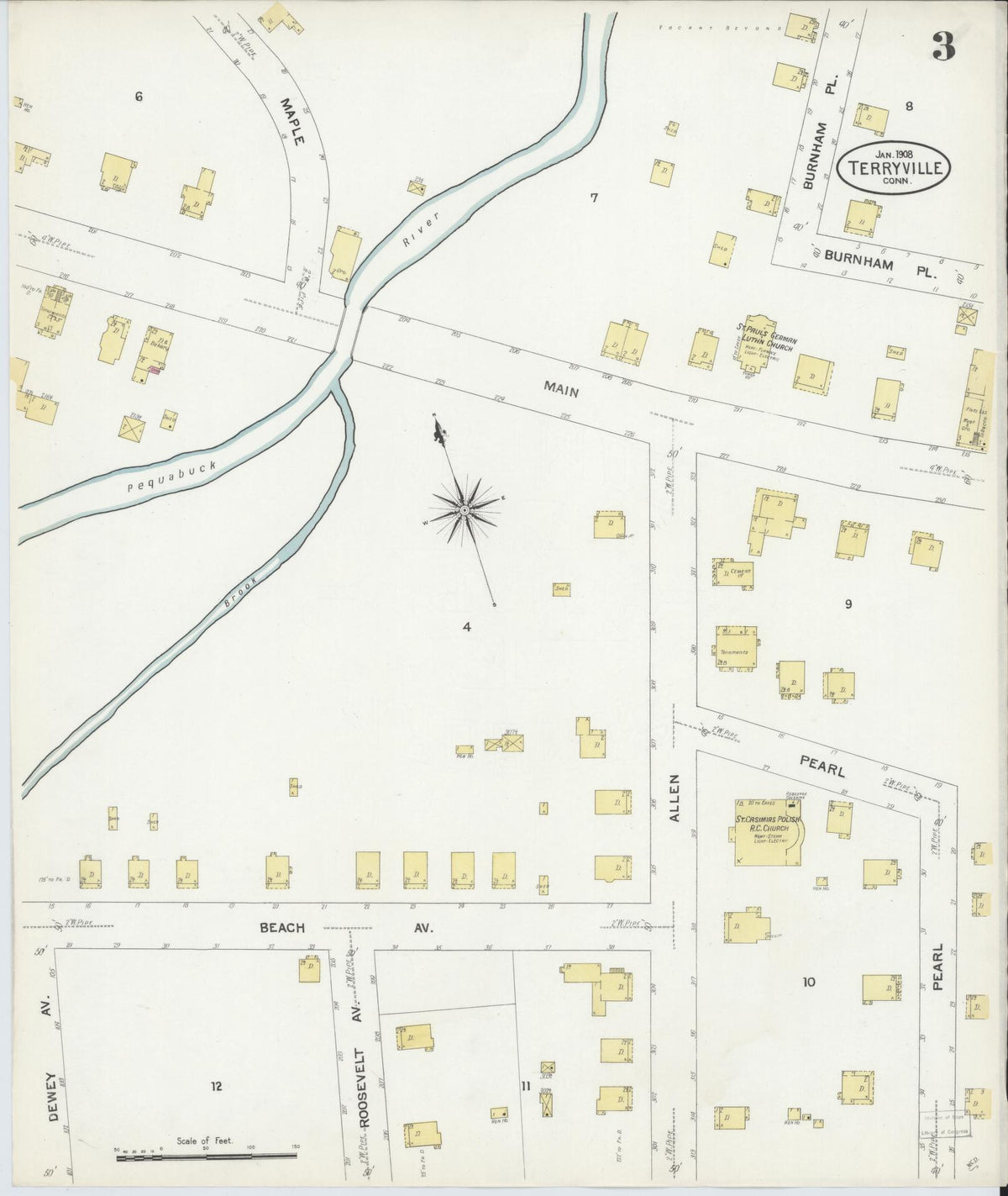 Sanborn Fire Insurance Map from Terryville, Litchfield County, Connecticut (1908), Sheet #0003 - Historic Sanborn Fire Insurance Map Print, vintage old map wall art, antique decor, genealogy gift, Connecticut Connecticut map