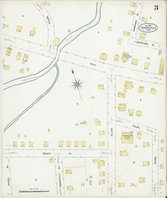 Sanborn Fire Insurance Map from Terryville, Litchfield County, Connecticut (1908), Sheet #0003 - Historic Sanborn Fire Insurance Map Print, vintage old map wall art, antique decor, genealogy gift, Connecticut Connecticut map