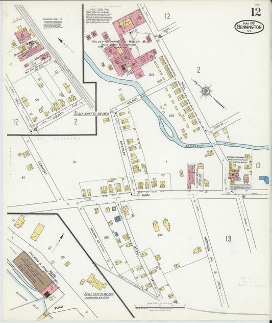 Sanborn Fire Insurance Map from Bennington, Bennington County, Vermont (1921), Sheet #0012 - Historic Sanborn Fire Insurance Map Print, vintage old map wall art, antique decor, genealogy gift, Vermont Vermont map