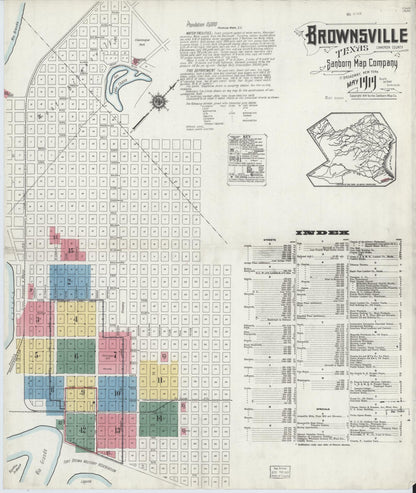 Sanborn Fire Insurance Map from Brownsville, Cameron County, Texas (1919), Sheet #0001 - Historic Sanborn Fire Insurance Map Print, vintage old map wall art, antique decor, genealogy gift, Texas Texas map