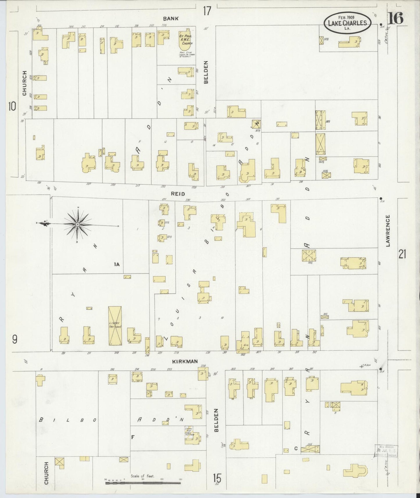 Sanborn Fire Insurance Map from Lake Charles, Calcasieu Parish, Louisiana (1909), Sheet #0016 - Complete Map Set gallery image, historic Sanborn map, vintage wall art, Louisiana Louisiana