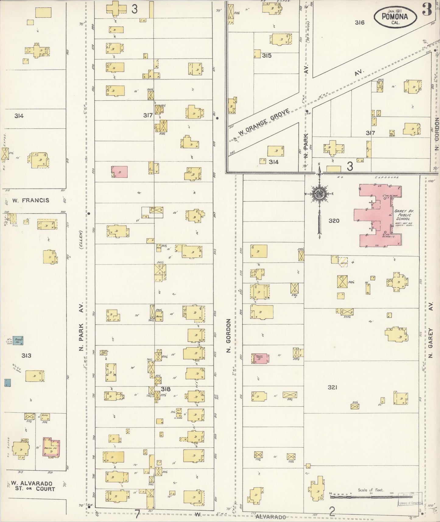Sanborn Fire Insurance Map from Pomona, Los Angeles County, California (1911), Sheet #0003 - Complete Map Set gallery image, historic Sanborn map, vintage wall art, California California