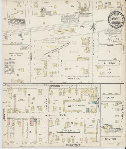 Sanborn Fire Insurance Map from Gainesville, Cooke County, Texas (1885), Sheet #0001 - Historic Sanborn Fire Insurance Map Print, vintage old map wall art, antique decor, genealogy gift, Texas Texas map