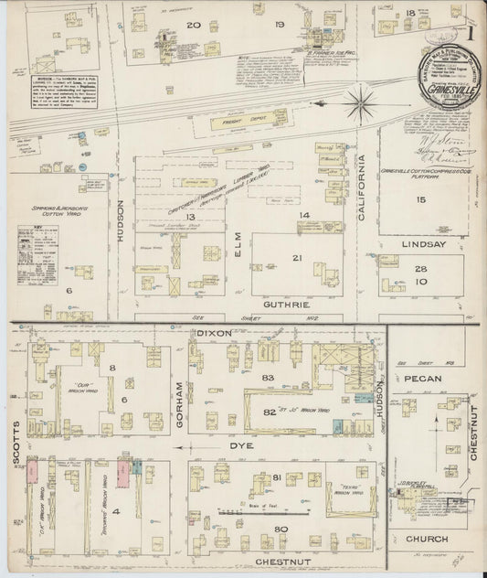 Sanborn Fire Insurance Map from Gainesville, Cooke County, Texas (1885), Sheet #0001 - Historic Sanborn Fire Insurance Map Print, vintage old map wall art, antique decor, genealogy gift, Texas Texas map