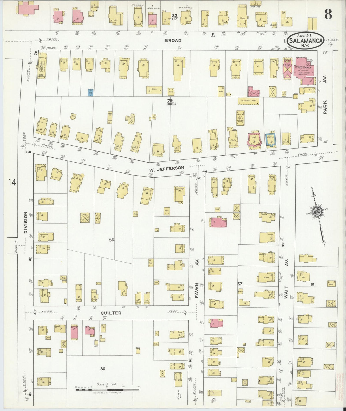 Sanborn Fire Insurance Map from Salamanca, Cattaraugus County, New York (1918), Sheet #0008 - Historic Sanborn Fire Insurance Map Print, vintage old map wall art, antique decor, genealogy gift, New York New York map