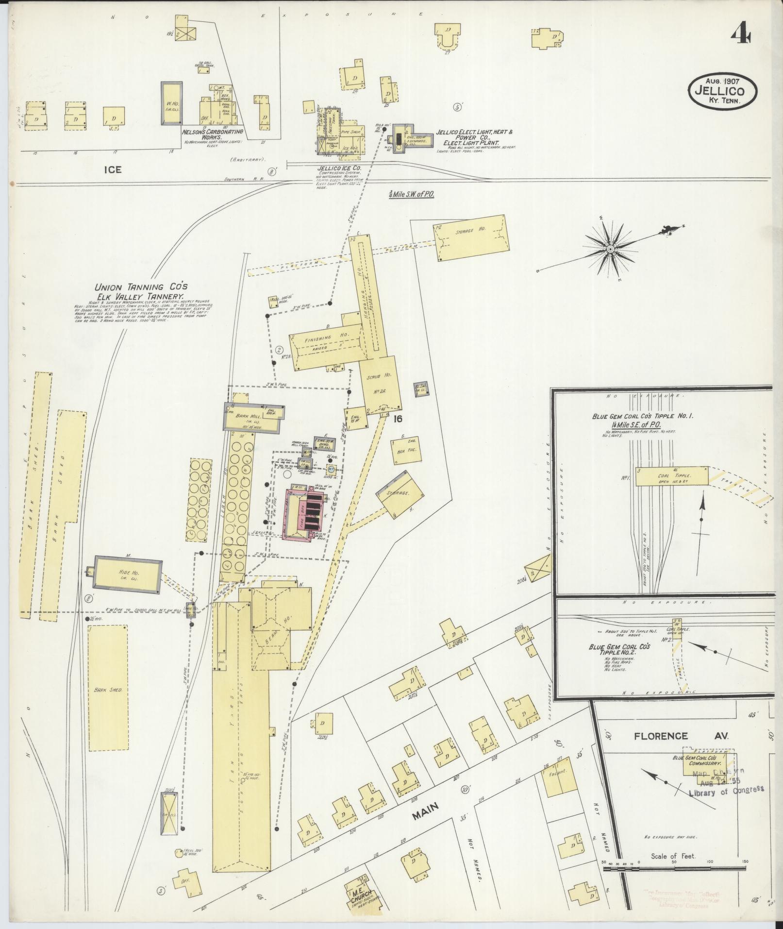 Sanborn Fire Insurance Map from Jellico, Whitley County, Ky., and Campbell County, Tenna, Kentucky (1907), Sheet #0004 - Complete Map Set gallery image, historic Sanborn map, vintage wall art, Kentucky Kentucky