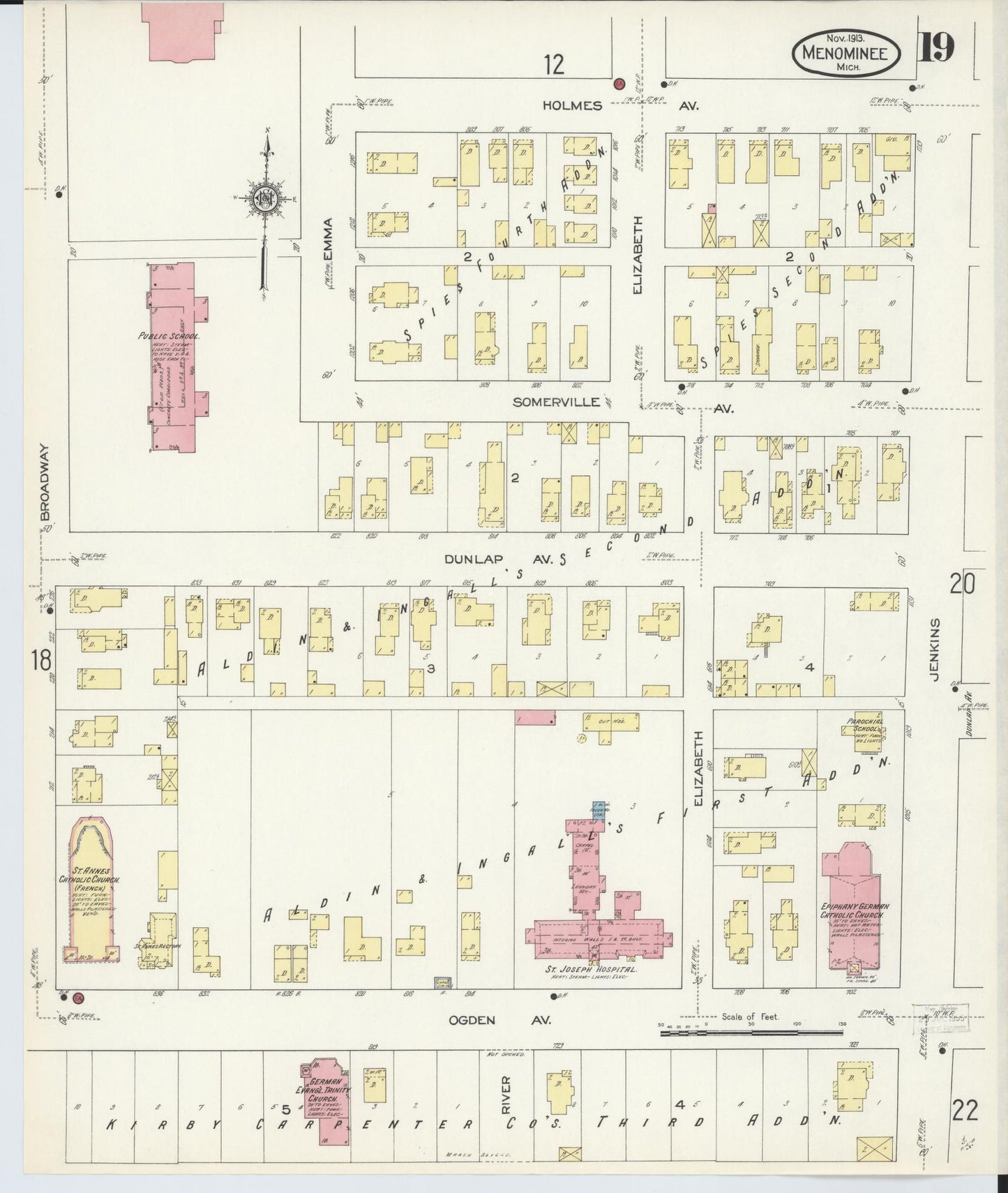 Sanborn Fire Insurance Map from Menominee, Menominee County, Michigan (1913), Sheet #0019 - Historic Sanborn Fire Insurance Map Print, vintage old map wall art, antique decor, genealogy gift, Michigan Michigan map