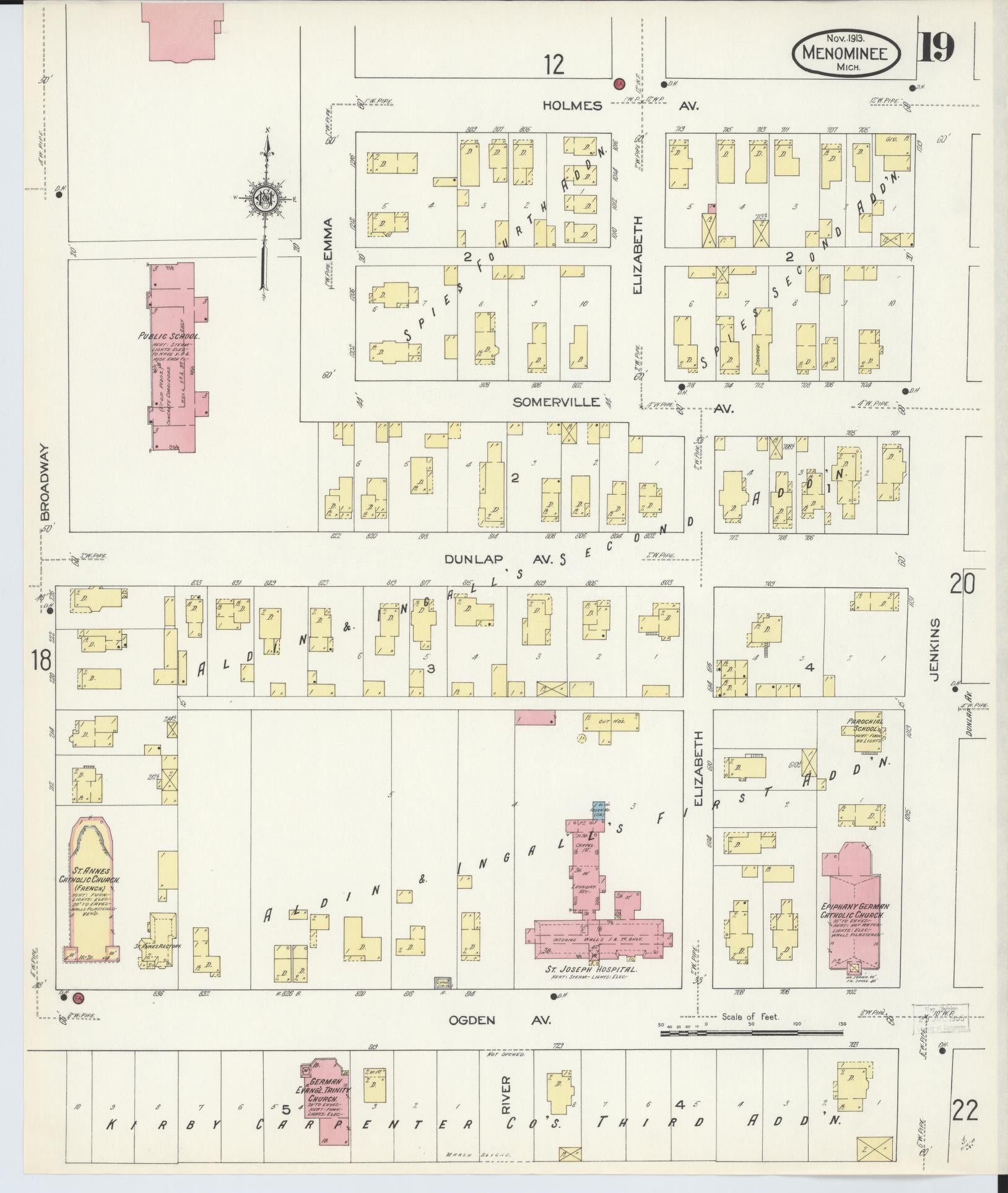 Sanborn Fire Insurance Map from Menominee, Menominee County, Michigan (1913), Sheet #0019 - Historic Sanborn Fire Insurance Map Print, vintage old map wall art, antique decor, genealogy gift, Michigan Michigan map