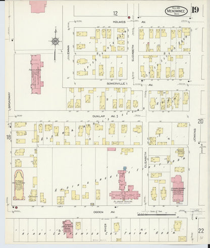 Sanborn Fire Insurance Map from Menominee, Menominee County, Michigan (1913), Sheet #0019 - Historic Sanborn Fire Insurance Map Print, vintage old map wall art, antique decor, genealogy gift, Michigan Michigan map