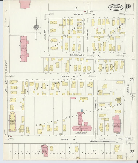 Sanborn Fire Insurance Map from Menominee, Menominee County, Michigan (1913), Sheet #0019 - Historic Sanborn Fire Insurance Map Print, vintage old map wall art, antique decor, genealogy gift, Michigan Michigan map