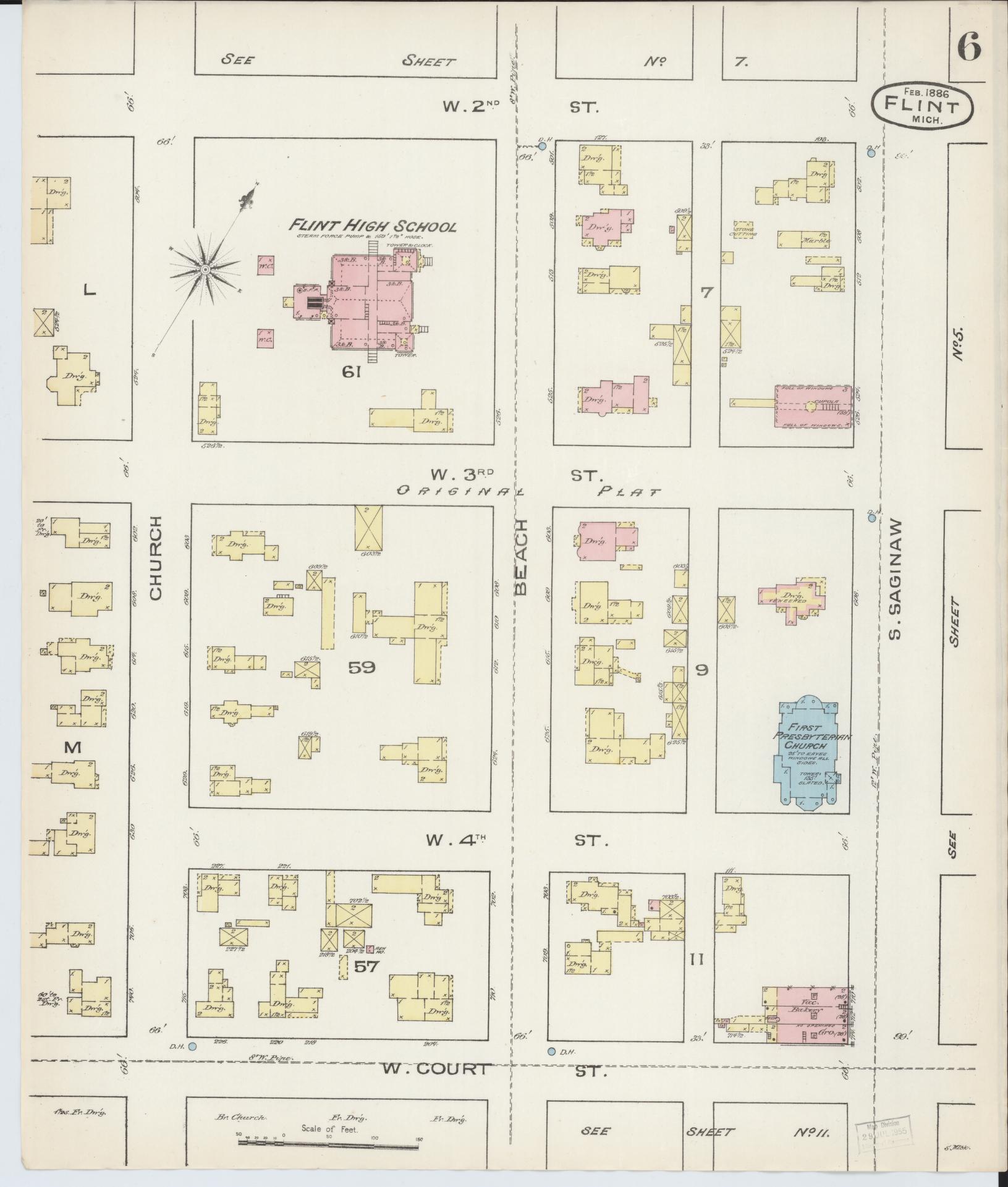 Sanborn Fire Insurance Map from Flint, Genesee County, Michigan (1886), Sheet #0006 - Historic Sanborn Fire Insurance Map Print, vintage old map wall art, antique decor, genealogy gift, Michigan Michigan map