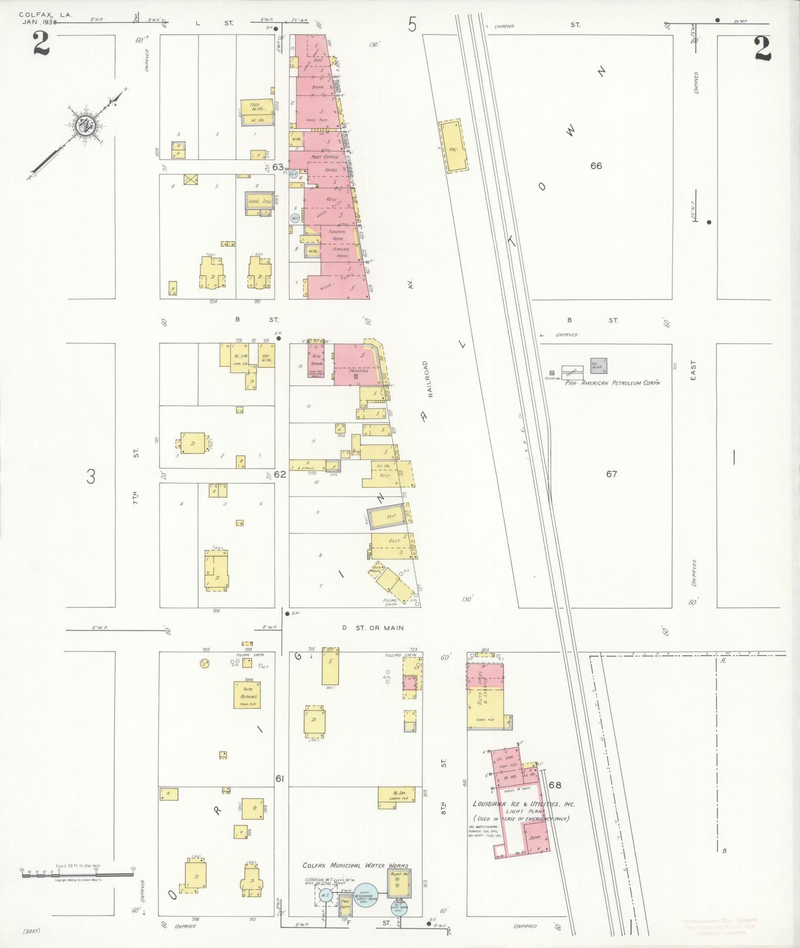 Sanborn Fire Insurance Map from Colfax, Grant Parish, Louisiana (1936), Sheet #0002 - Historic Sanborn Fire Insurance Map Print, vintage old map wall art, antique decor, genealogy gift, Louisiana Louisiana map
