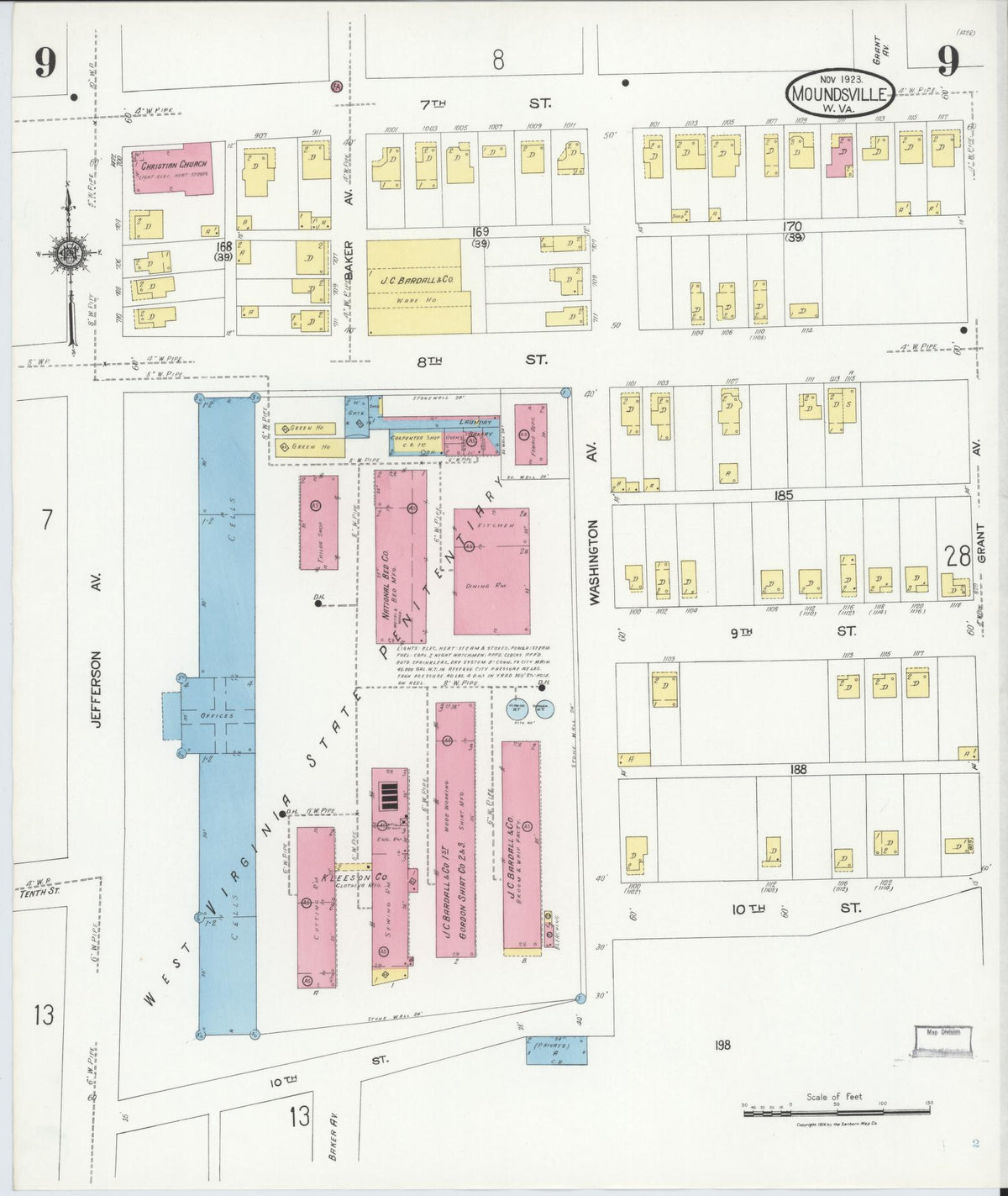 Sanborn Fire Insurance Map from Moundsville, Marshall County, West Virginia (1923), Sheet #0009 - Complete Map Set gallery image, historic Sanborn map, vintage wall art, West Virginia West Virginia