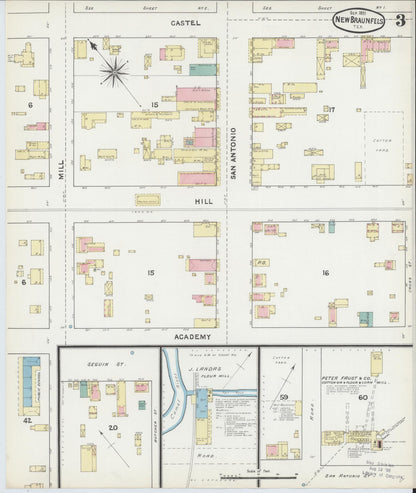 Sanborn Fire Insurance Map from New Braunfels, Comal County, Texas (1891), Sheet #0003 - Complete Map Set gallery image, historic Sanborn map, vintage wall art, Texas Texas