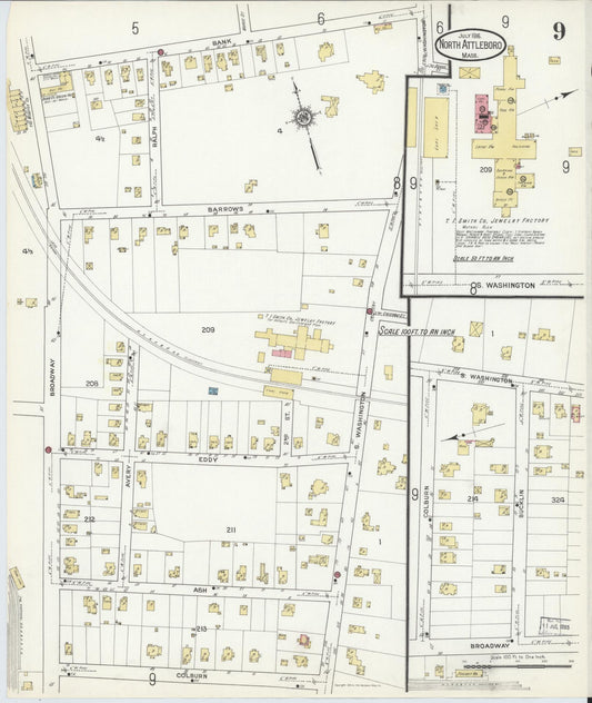 Sanborn Fire Insurance Map from North Attleborough, Bristol County, Massachusetts (1916), Sheet #0009 - Historic Sanborn Fire Insurance Map Print, vintage old map wall art, antique decor, genealogy gift, Massachusetts Massachusetts map