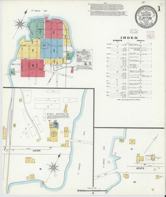 Sanborn Fire Insurance Map from Clayton, Jefferson County, New York (1905), Sheet #0001 - Historic Sanborn Fire Insurance Map Print, vintage old map wall art, antique decor, genealogy gift, New York New York map