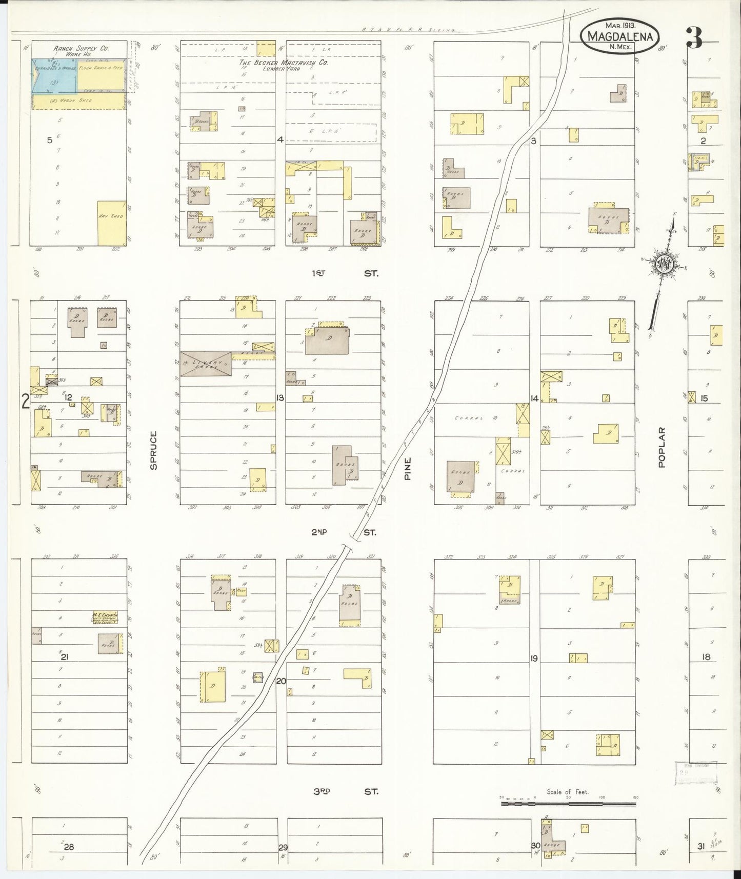 Sanborn Fire Insurance Map from Magdalena, Socorro County, New Mexico (1913), Sheet #0003 - Complete Map Set gallery image, historic Sanborn map, vintage wall art, New Mexico New Mexico