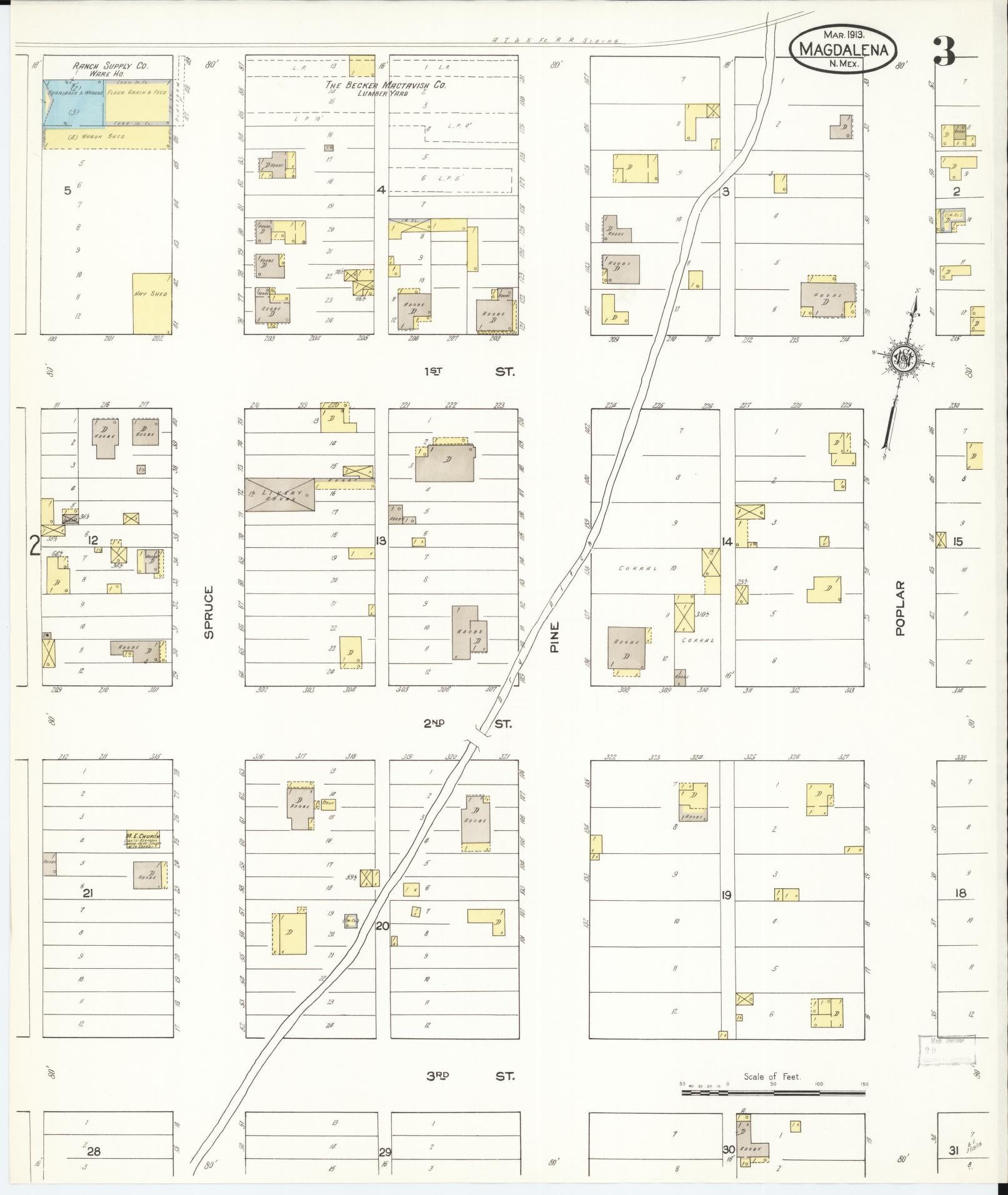 Sanborn Fire Insurance Map from Magdalena, Socorro County, New Mexico (1913), Sheet #0003 - Complete Map Set gallery image, historic Sanborn map, vintage wall art, New Mexico New Mexico
