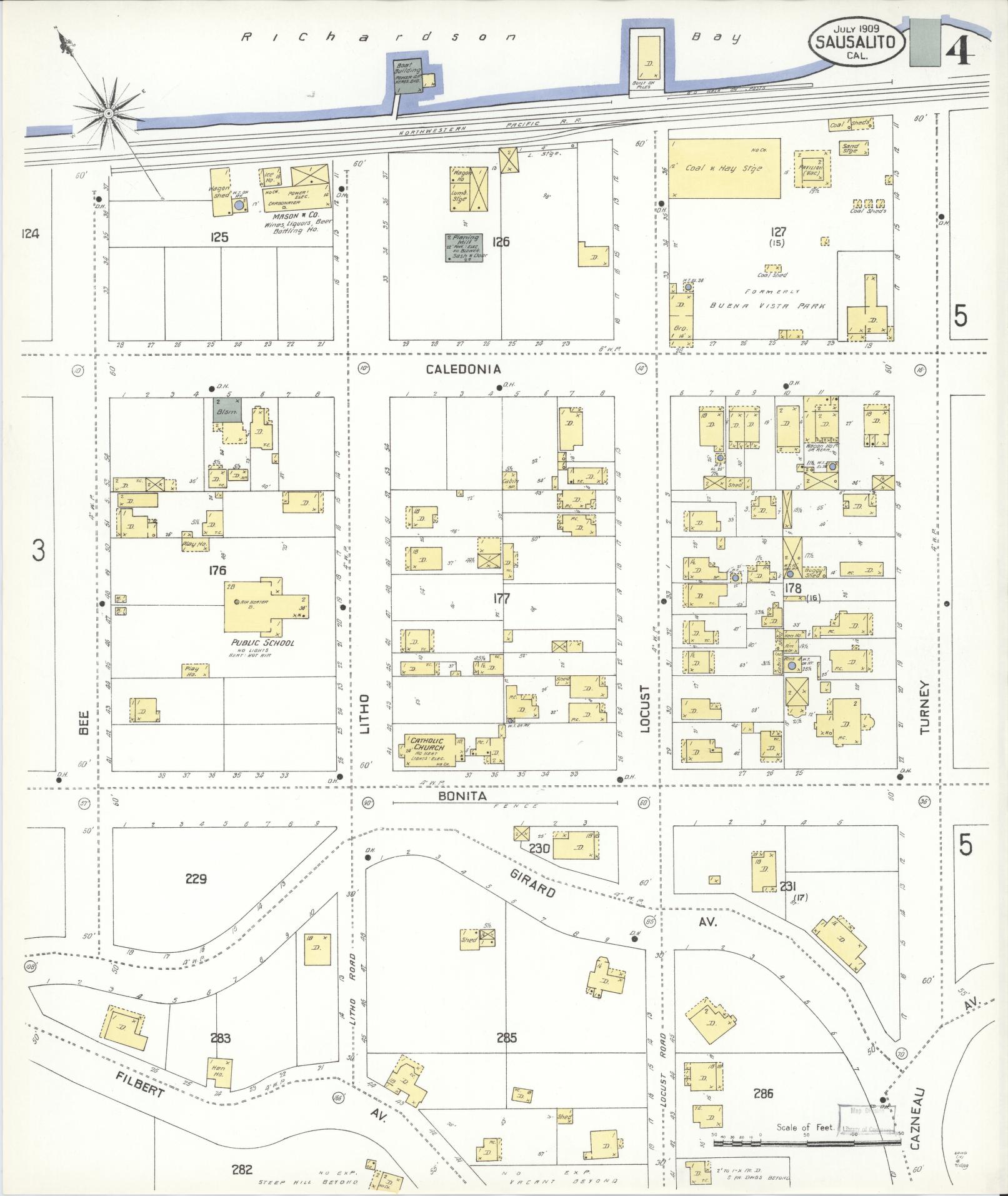 Sanborn Fire Insurance Map from Sausalito, Marin County, California (1909), Sheet #0004 - Complete Map Set gallery image, historic Sanborn map, vintage wall art, California California