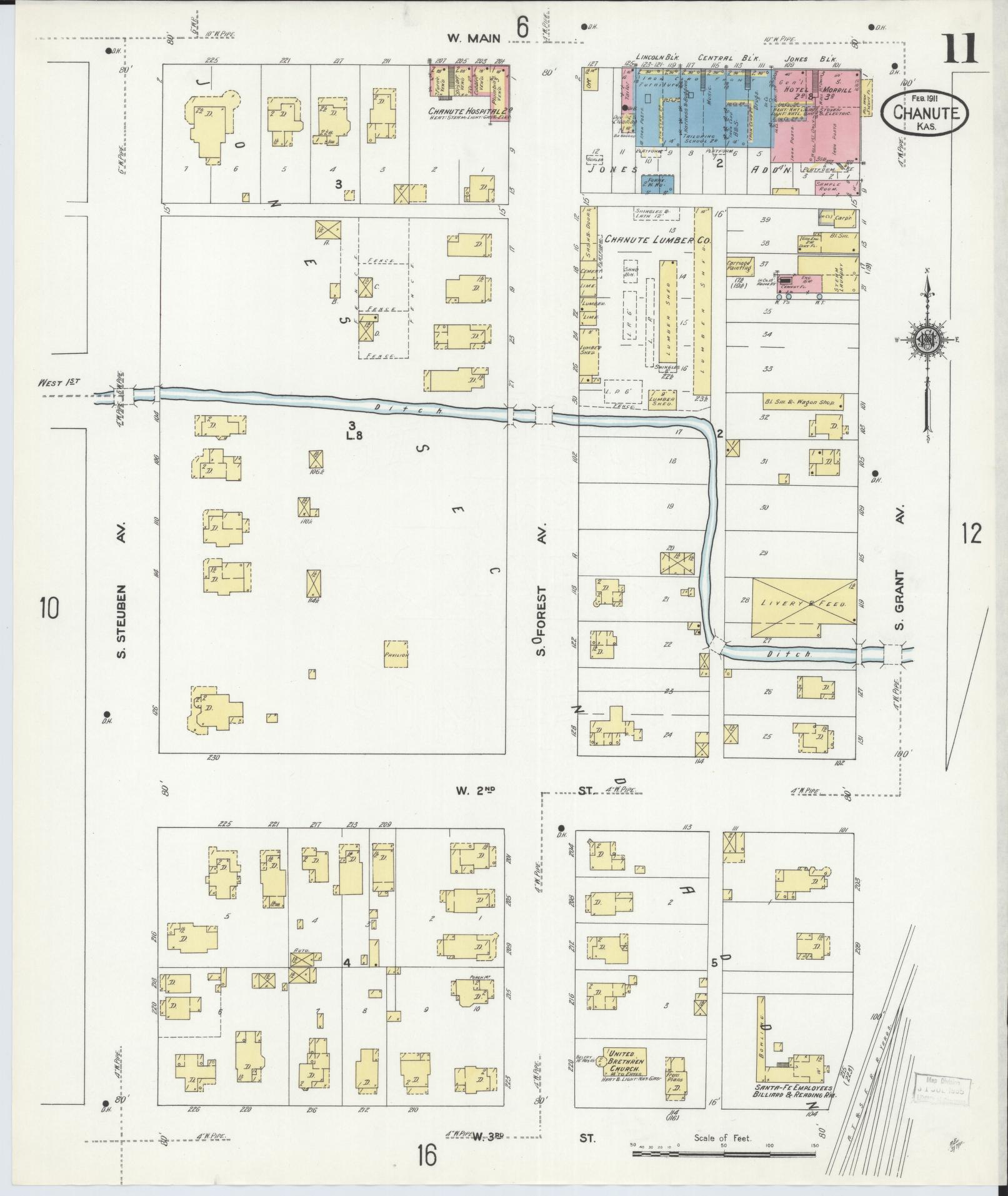 Sanborn Fire Insurance Map from Chanute, Neosho County, Kansas (1911), Sheet #0011 - Historic Sanborn Fire Insurance Map Print, vintage old map wall art, antique decor, genealogy gift, Kansas Kansas map