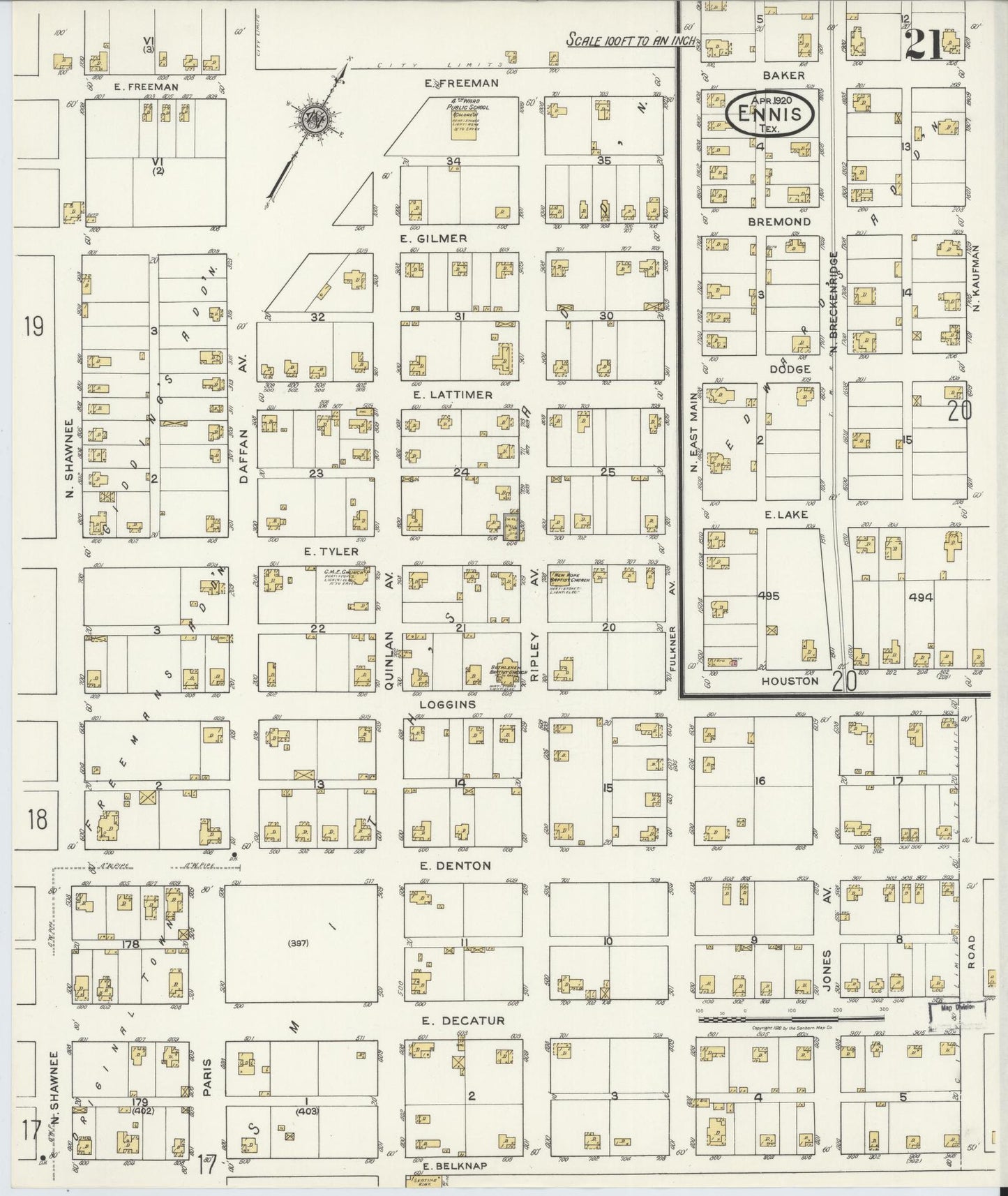 Sanborn Fire Insurance Map from Ennis, Ellis County, Texas (1920), Sheet #0021 - Complete Map Set gallery image, historic Sanborn map, vintage wall art, Texas Texas