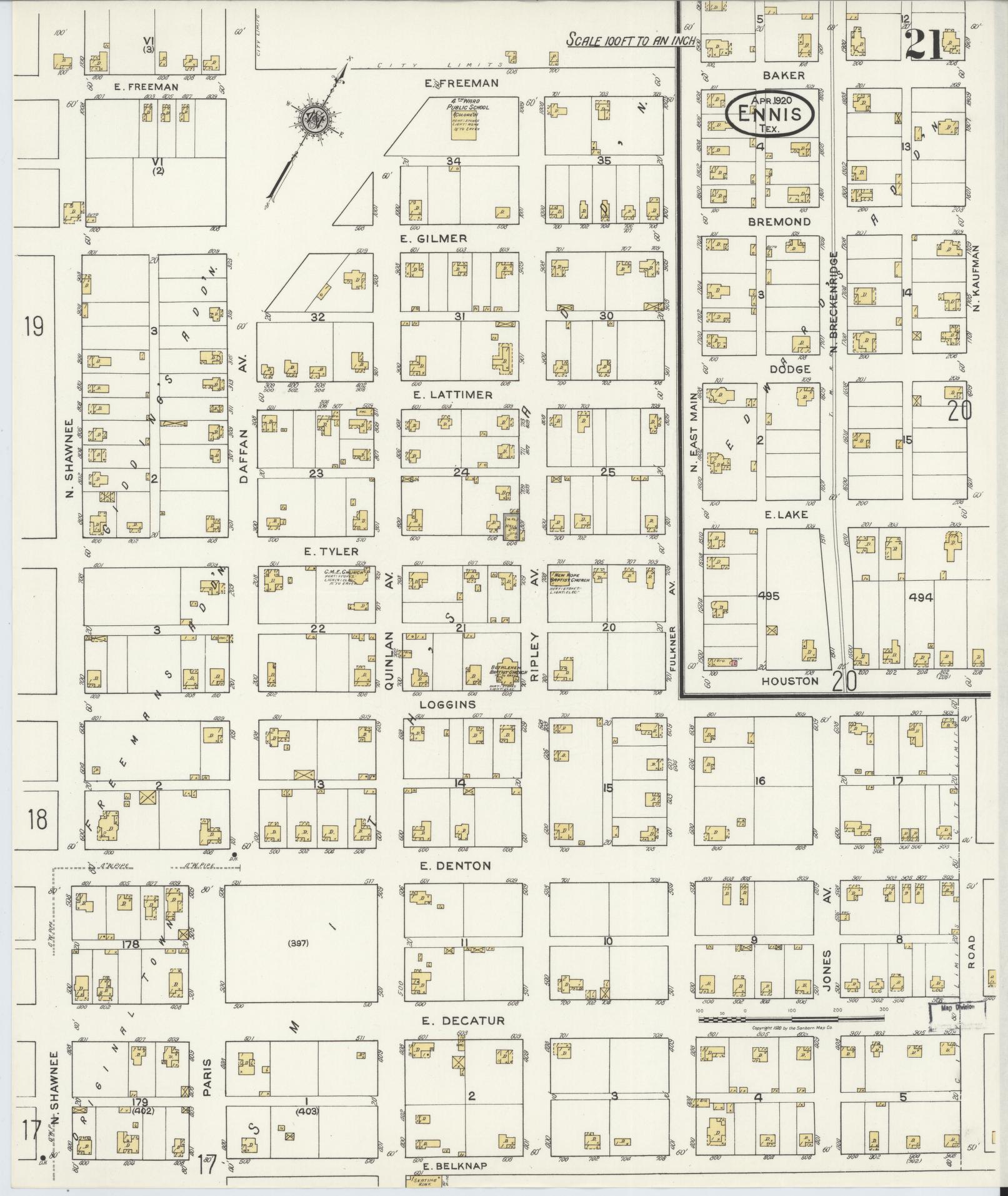 Sanborn Fire Insurance Map from Ennis, Ellis County, Texas (1920), Sheet #0021 - Complete Map Set gallery image, historic Sanborn map, vintage wall art, Texas Texas