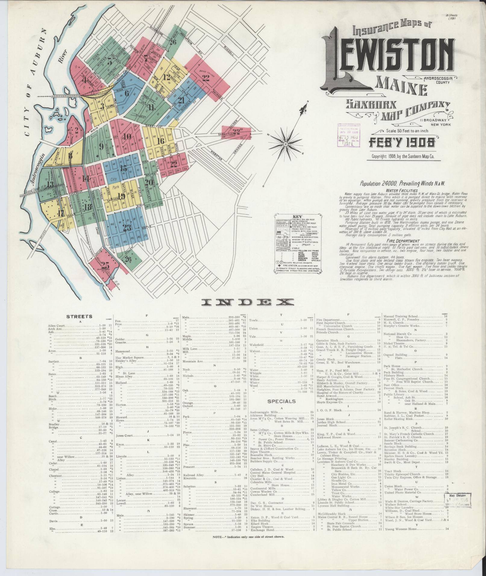 Sanborn Fire Insurance Map from Lewiston, Androscoggin County, Maine (1908), Sheet #0001 - Complete Map Set gallery image, historic Sanborn map, vintage wall art, Maine Maine