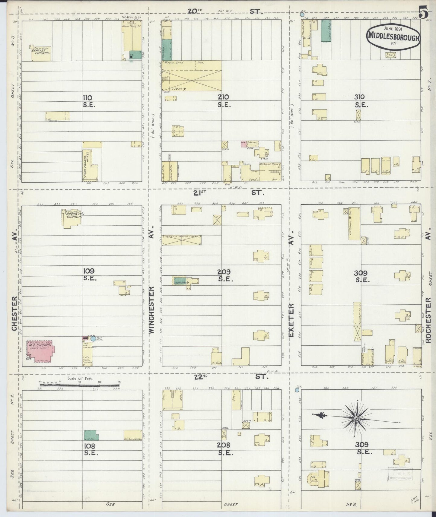 Sanborn Fire Insurance Map from Middlesboro, Bell County, Kentucky (1891), Sheet #0005 - Historic Sanborn Fire Insurance Map Print, vintage old map wall art, antique decor, genealogy gift, Kentucky Kentucky map