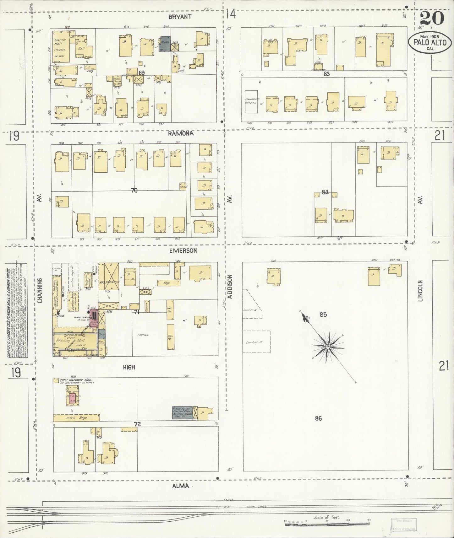 Sanborn Fire Insurance Map from Palo Alto, Santa Clara County, California (1908), Sheet #0020 - Complete Map Set gallery image, historic Sanborn map, vintage wall art, California California