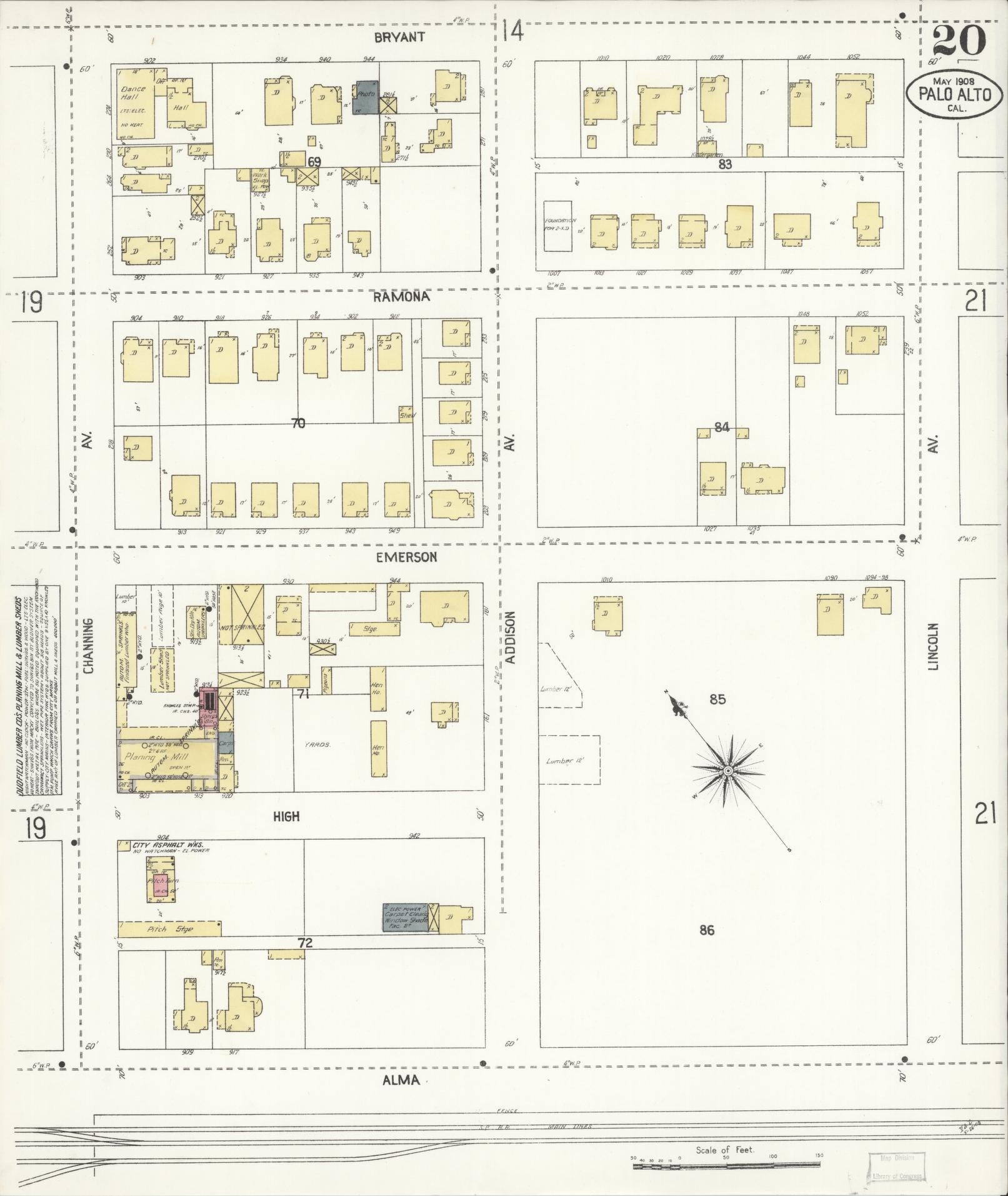 Sanborn Fire Insurance Map from Palo Alto, Santa Clara County, California (1908), Sheet #0020 - Complete Map Set gallery image, historic Sanborn map, vintage wall art, California California