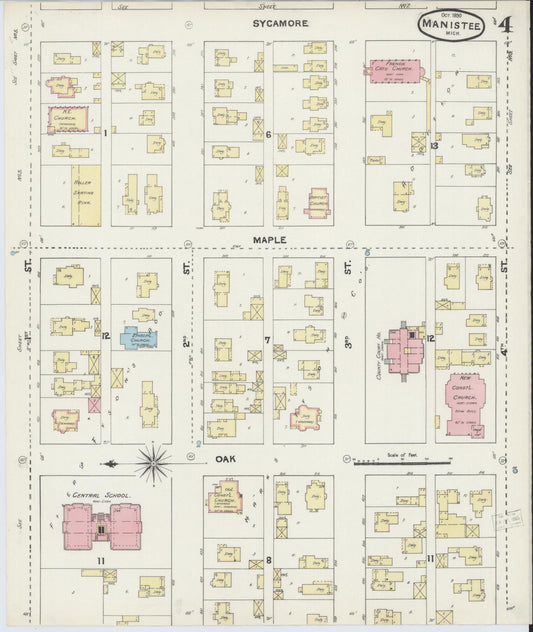 Sanborn Fire Insurance Map from Manistee, Manistee County, Michigan (1890), Sheet #0004 - Historic Sanborn Fire Insurance Map Print, vintage old map wall art, antique decor, genealogy gift, Michigan Michigan map