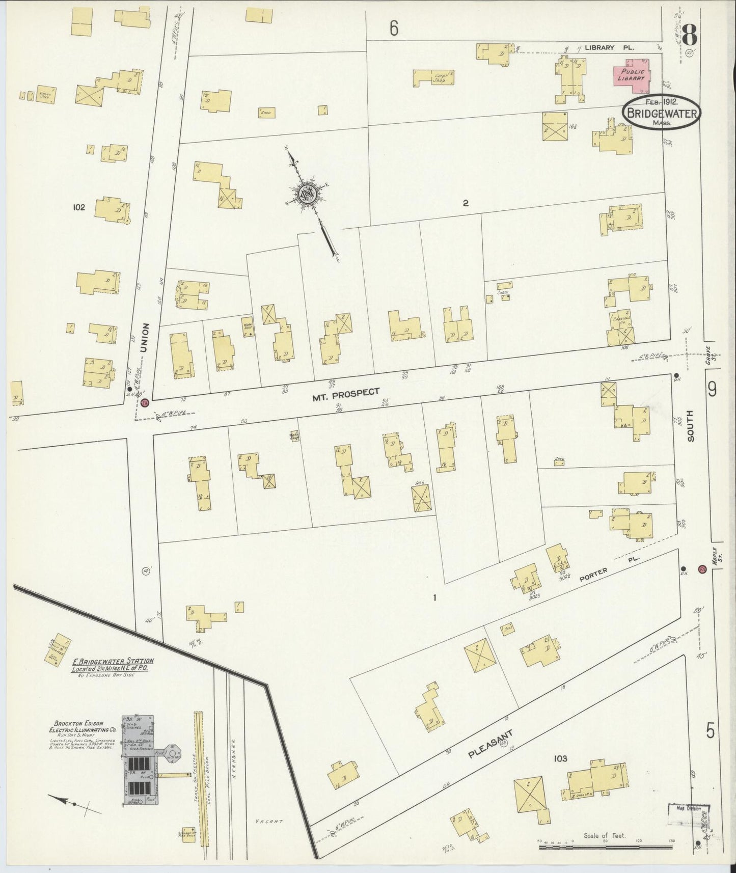 Sanborn Fire Insurance Map from Bridgewater, Plymouth County, Massachusetts (1912), Sheet #0008 - Historic Sanborn Fire Insurance Map Print, vintage old map wall art, antique decor, genealogy gift, Massachusetts Massachusetts map
