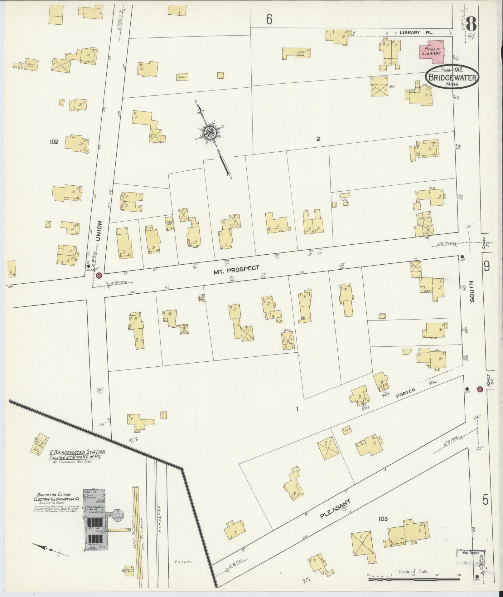Sanborn Fire Insurance Map from Bridgewater, Plymouth County, Massachusetts (1912), Sheet #0008 - Historic Sanborn Fire Insurance Map Print, vintage old map wall art, antique decor, genealogy gift, Massachusetts Massachusetts map