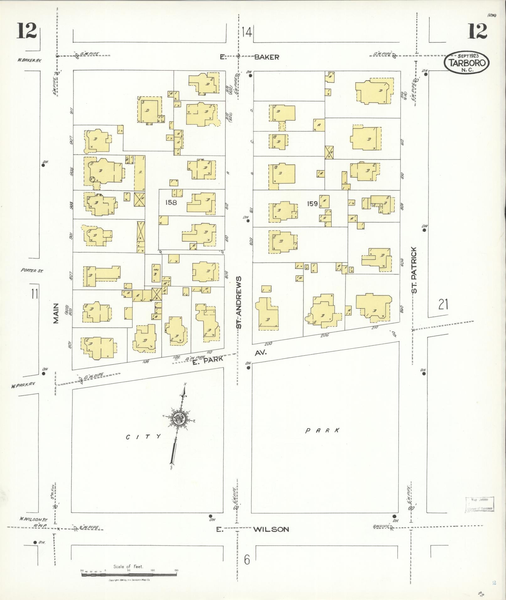 Sanborn Fire Insurance Map from Tarboro, Edgecombe County, North Carolina (1923), Sheet #0012 - Complete Map Set gallery image, historic Sanborn map, vintage wall art, North Carolina North Carolina