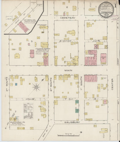 Sanborn Fire Insurance Map from Lexington, Davidson County, North Carolina (1885), Sheet #0001 - Historic Sanborn Fire Insurance Map Print, vintage old map wall art, antique decor, genealogy gift, North Carolina North Carolina map