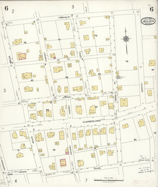 Sanborn Fire Insurance Map from Jellico, Whitley County, Ky., and Campbell County, Tenna, Kentucky (1923), Sheet #0006 - Historic Sanborn Fire Insurance Map Print, vintage old map wall art, antique decor, genealogy gift, Kentucky Kentucky map