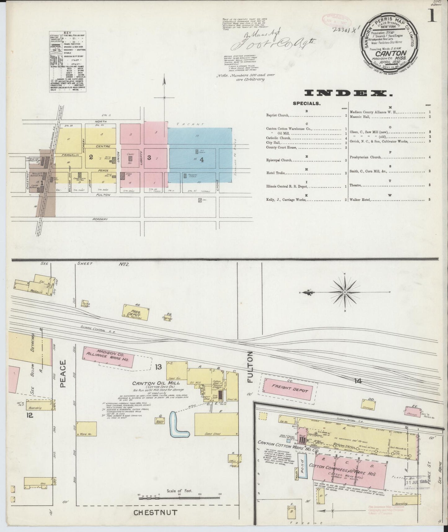 Sanborn Fire Insurance Map from Canton, Madison County, Mississippi (1892), Sheet #0001 - Complete Map Set gallery image, historic Sanborn map, vintage wall art, Mississippi Mississippi
