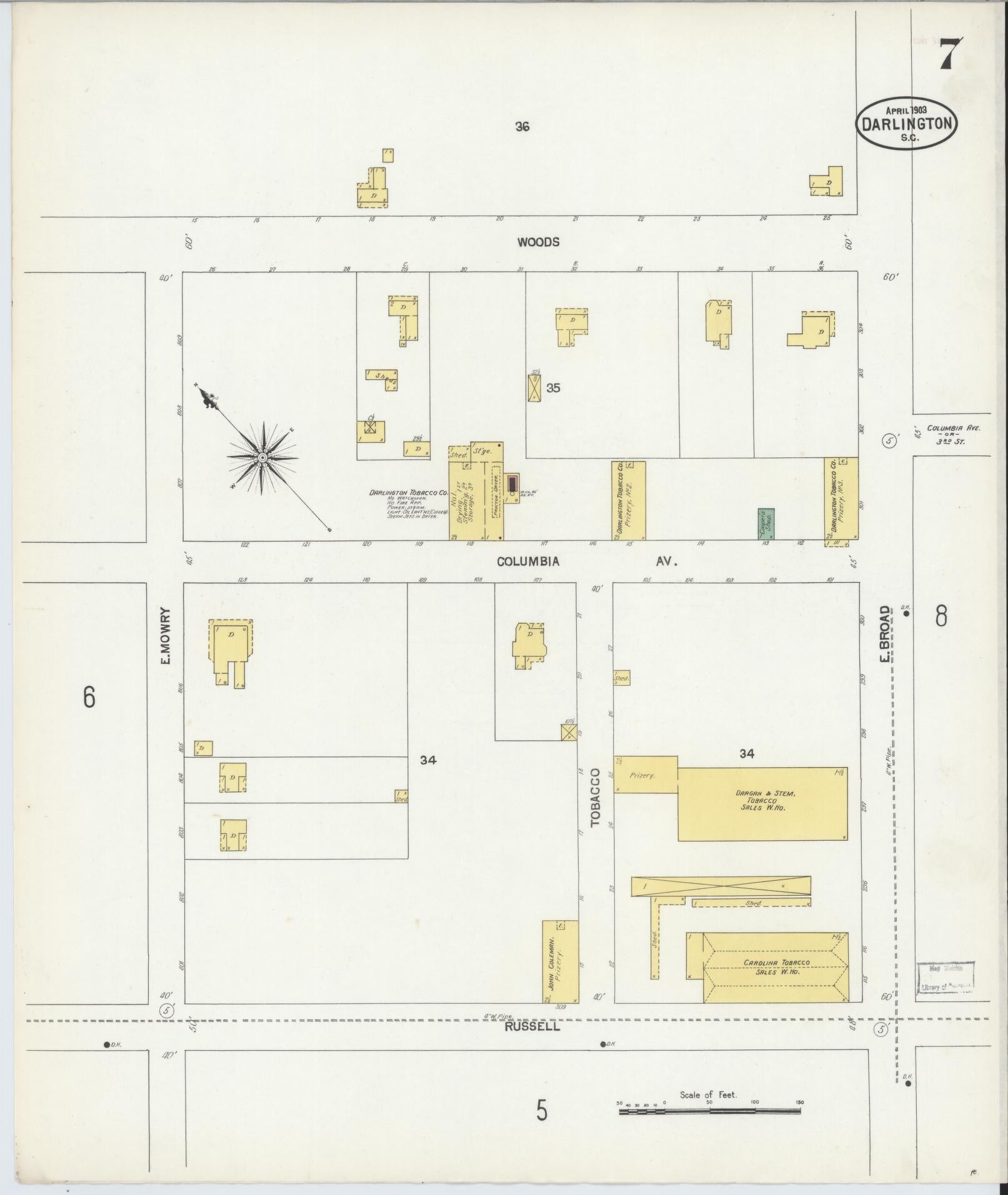 Sanborn Fire Insurance Map from Darlington, Darlington County, South Carolina (1903), Sheet #0007 - Complete Map Set gallery image, historic Sanborn map, vintage wall art, South Carolina South Carolina
