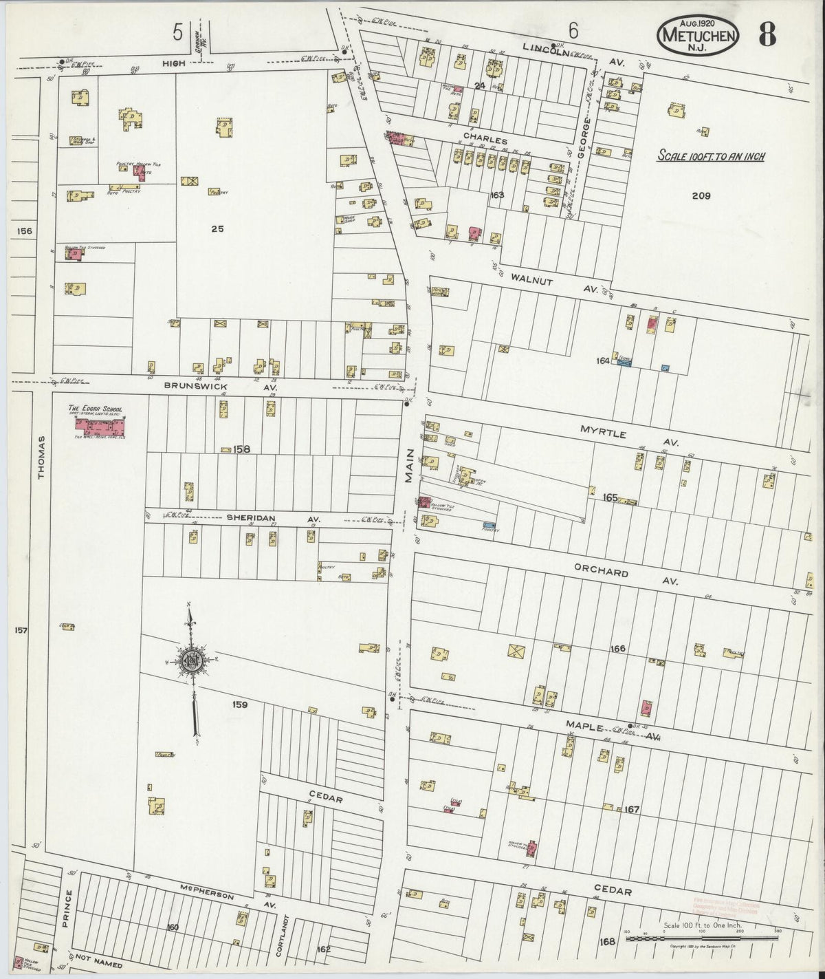 Sanborn Fire Insurance Map from Metuchen, Middlesex County, New Jersey (1920), Sheet #0008 - Complete Map Set gallery image, historic Sanborn map, vintage wall art, New Jersey New Jersey