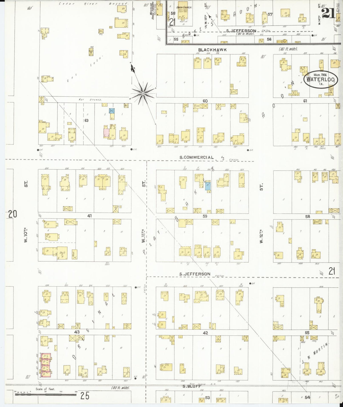 Sanborn Fire Insurance Map from Waterloo, Black Hawk County, Iowa (1906), Sheet #0021 - Historic Sanborn Fire Insurance Map Print, vintage old map wall art