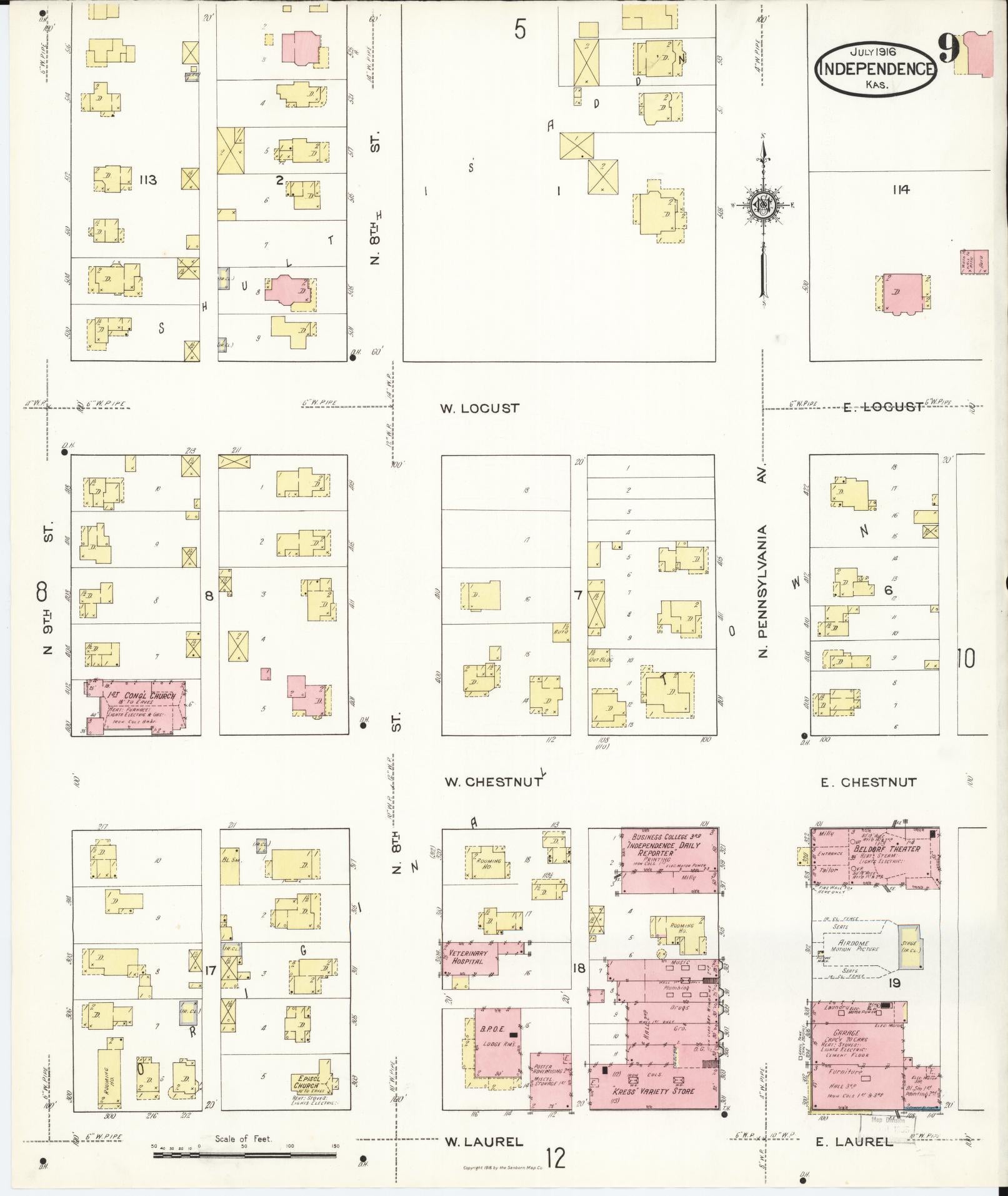Sanborn Fire Insurance Map from Independence, Montgomery County, Kansas (1916), Sheet #0009 - Complete Map Set gallery image, historic Sanborn map, vintage wall art, Kansas Kansas