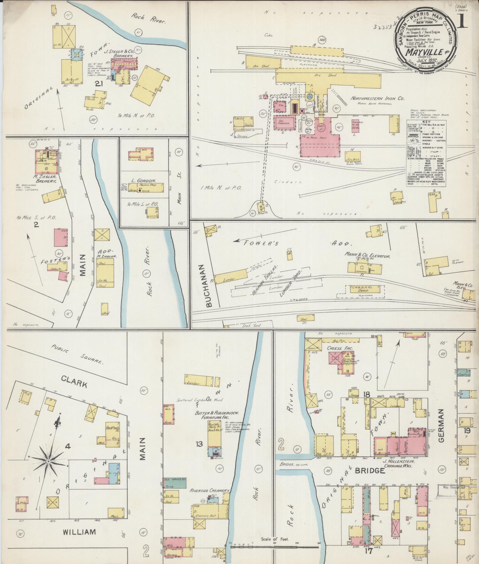 Sanborn Fire Insurance Map from Mayville, Dodge County, Wisconsin (1892), Sheet #0001 - Historic Sanborn Fire Insurance Map Print, vintage old map wall art, antique decor, genealogy gift, Wisconsin Wisconsin map