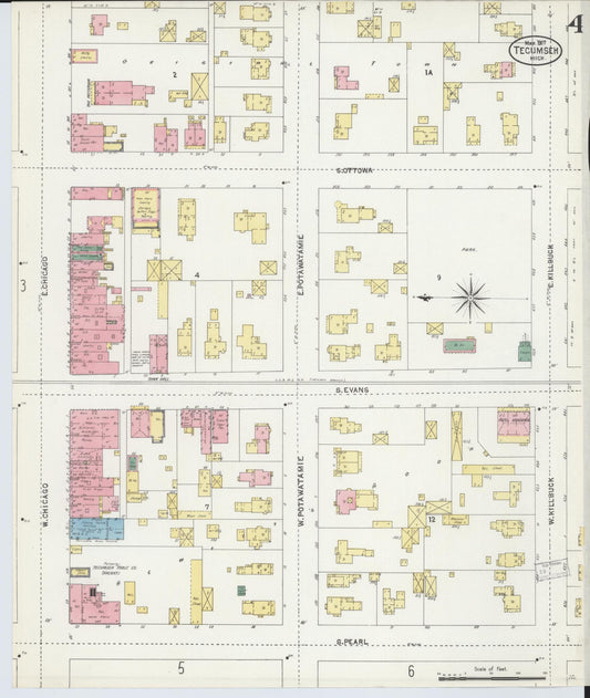 Sanborn Fire Insurance Map from Tecumseh, Lenawee County, Michigan (1907), Sheet #0004 - Historic Sanborn Fire Insurance Map Print, vintage old map wall art, antique decor, genealogy gift, Michigan Michigan map